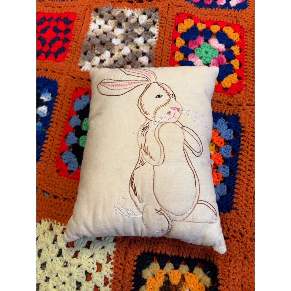 Handmade Embroidered Rabbit Pillow Bunny Beaded Whiskers Polka Dot Reverse 11x8
